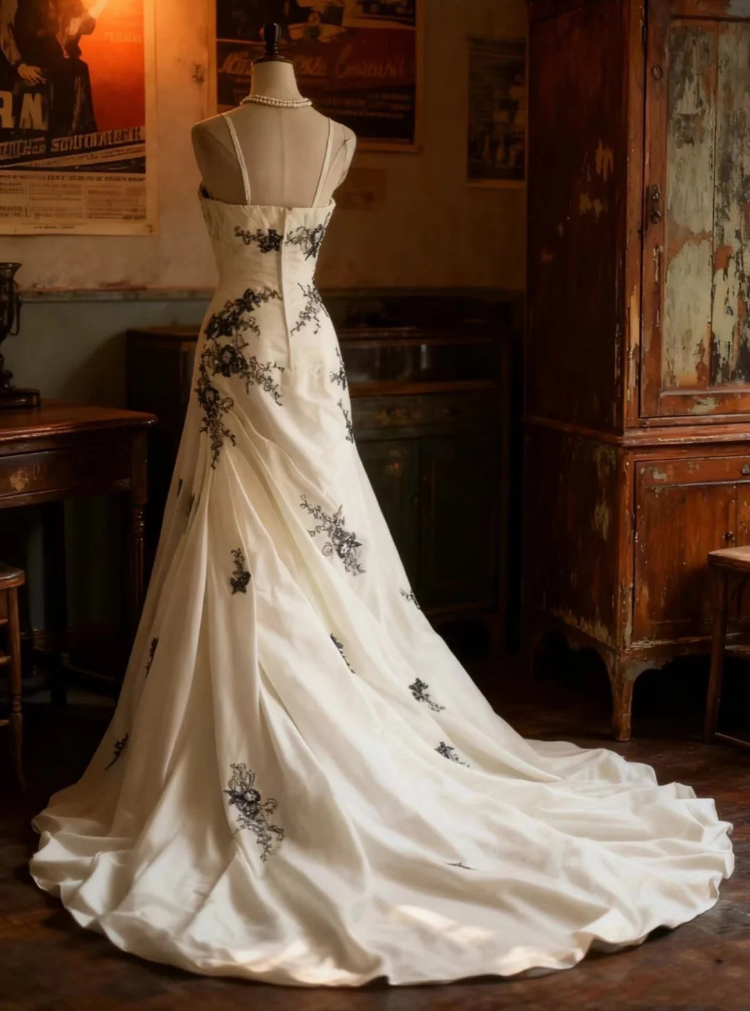 Spaghetti Straps White Wedding Dress With Black Applique Elegant Bridal Gown J8727