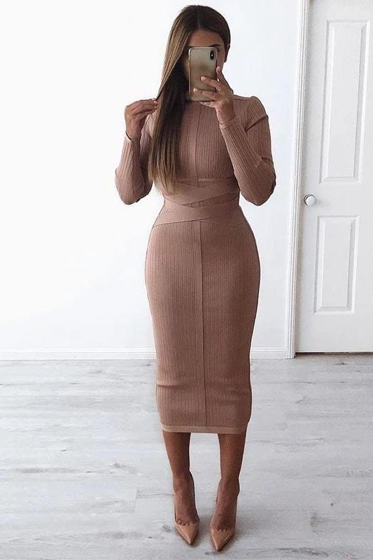 Jane Long Sleeve Bodycon Midi Dress - White Pearl