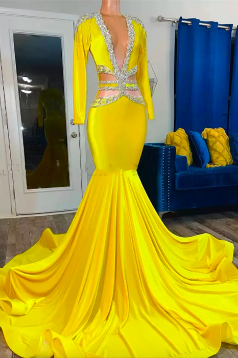 Jewel Mermaid Lace Sequined Beaded Floor-Length Long Sleeve Prom Dress