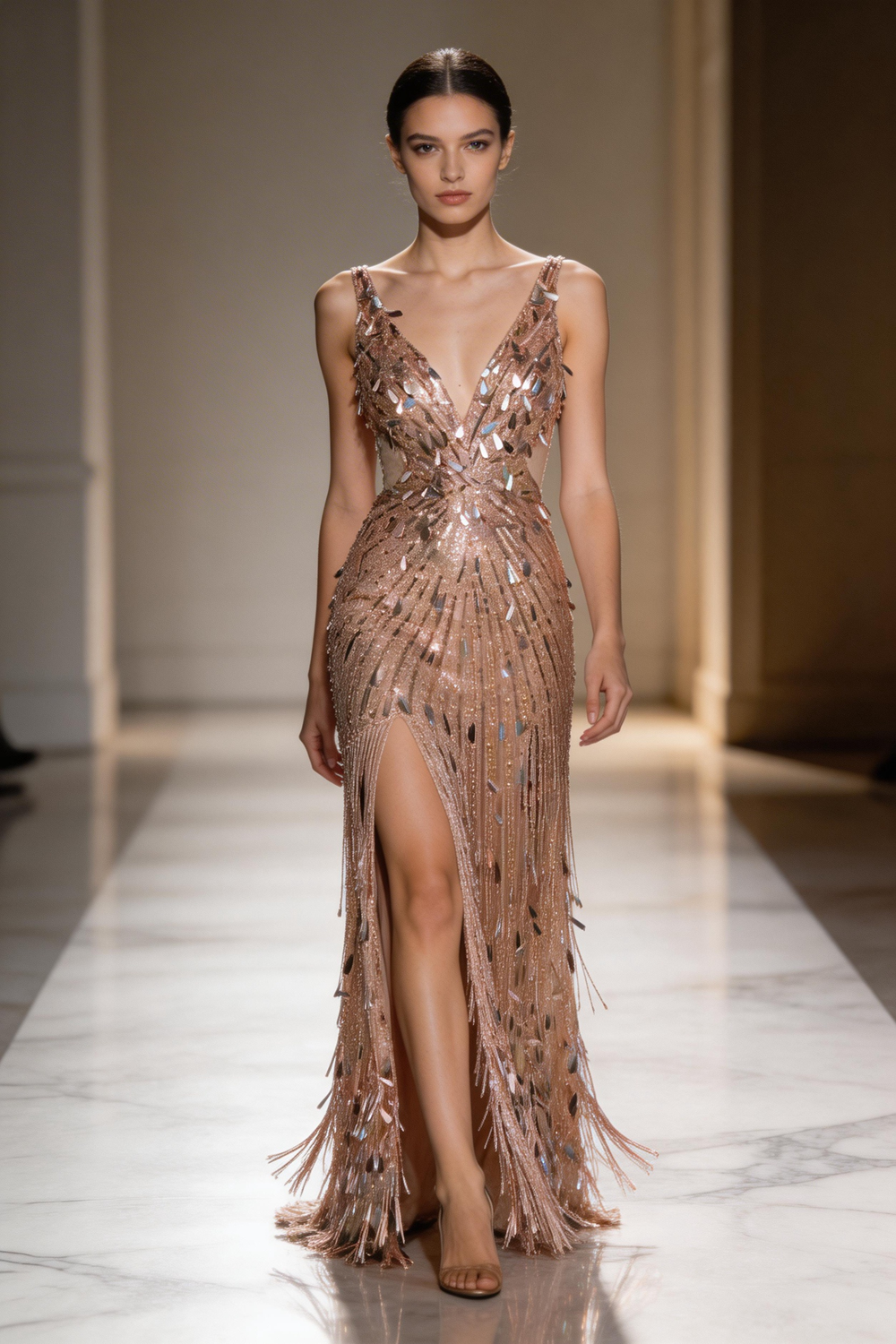 Gilded Flapper Fringe Gown In Champagne Blush With Sequin Shine (ZD17071)