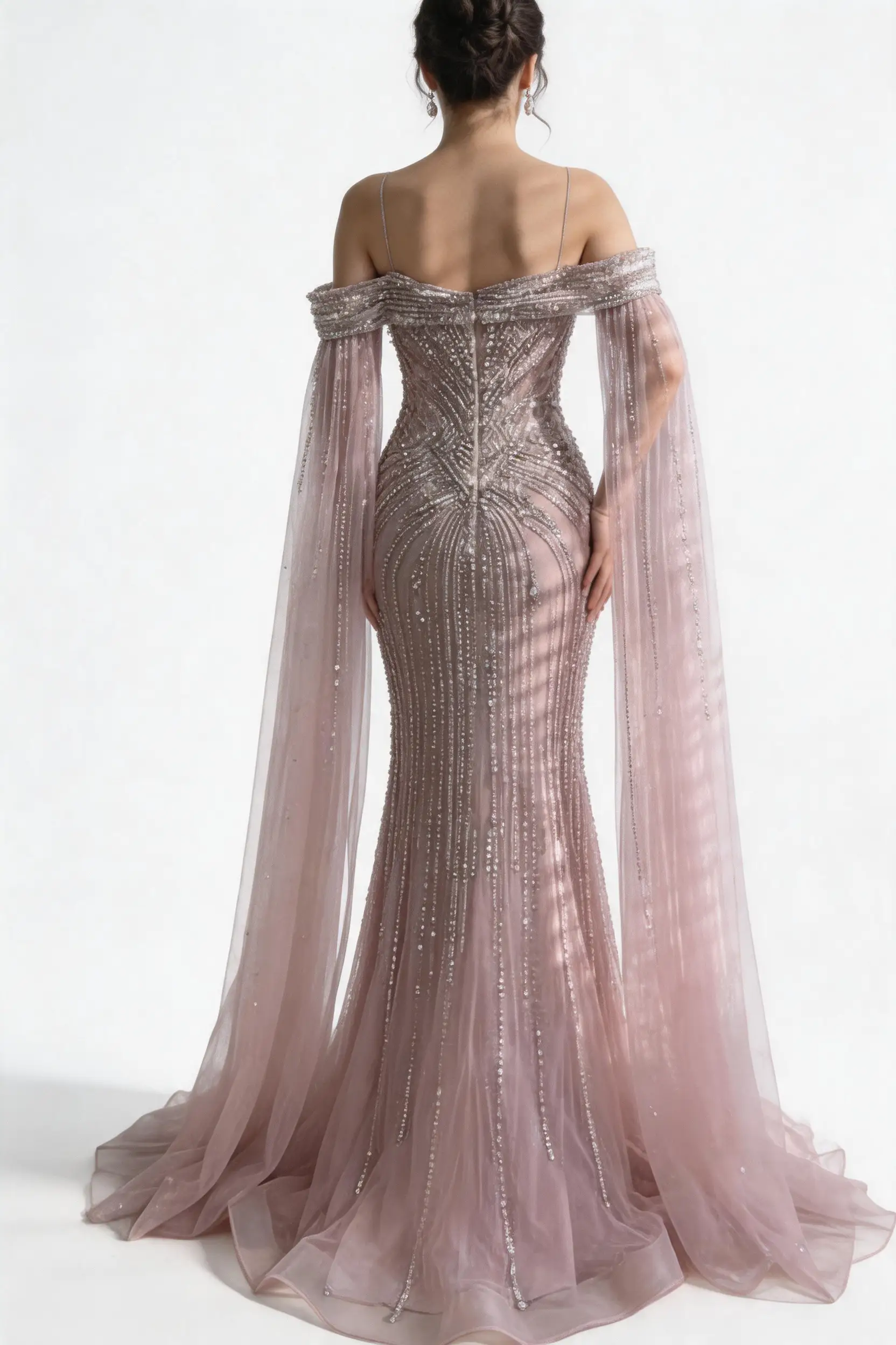 Blush Pink Beaded Off-Shoulder Mermaid Evening Gown with Sheer Cape Sleeves (ZD17068)