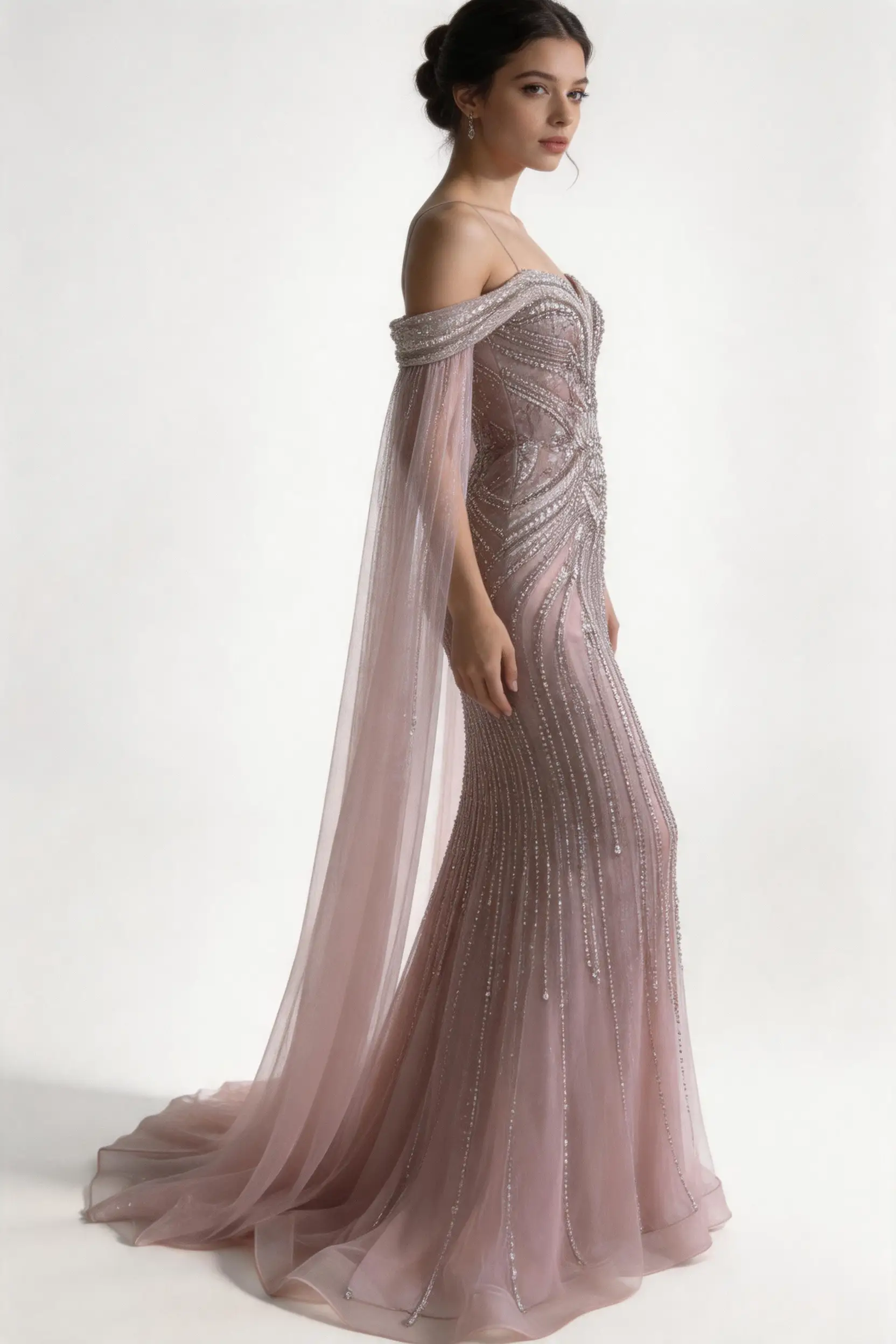 Blush Pink Beaded Off-Shoulder Mermaid Evening Gown with Sheer Cape Sleeves (ZD17068)