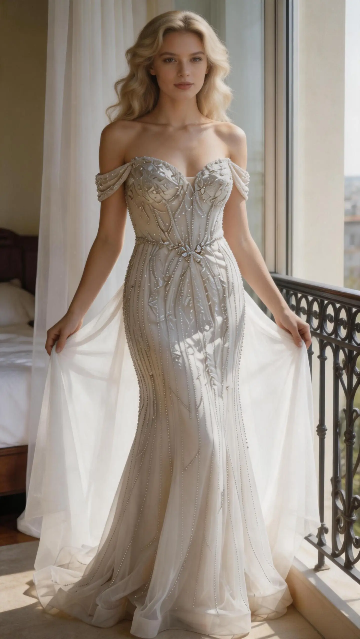 Blush Pink Off-the-Shoulder Beaded Mermaid Gown  Formal Evening Dress (ZD16892)