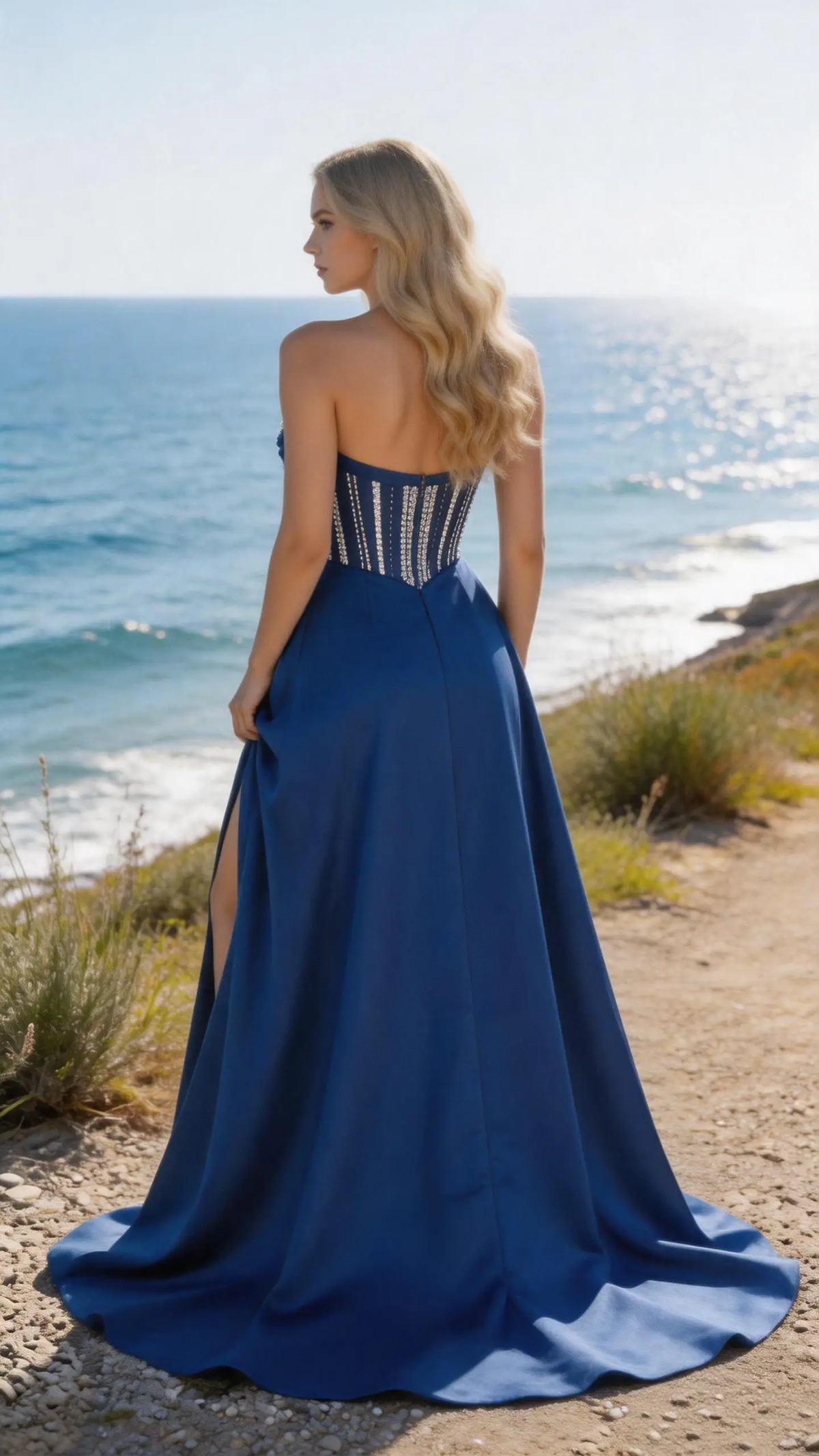 Royal Blue Strapless Corset Ball Gown   Crystal Embellished Prom Dress with Slit (ZD16896)