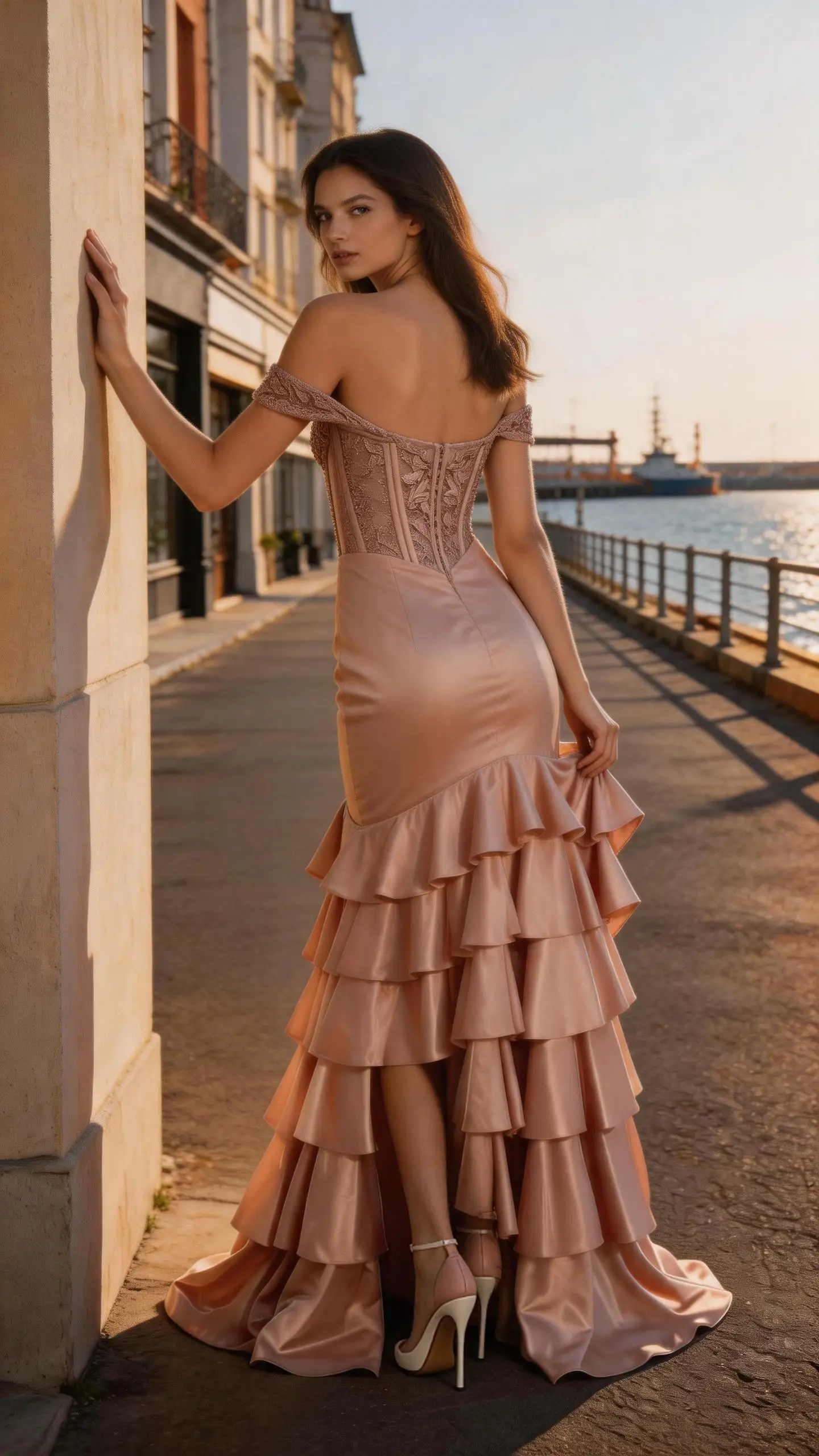 Blush Off-Shoulder Mermaid Tiered Satin Gown Corset Bodice Formal Evening Dress by ZAPDRESS