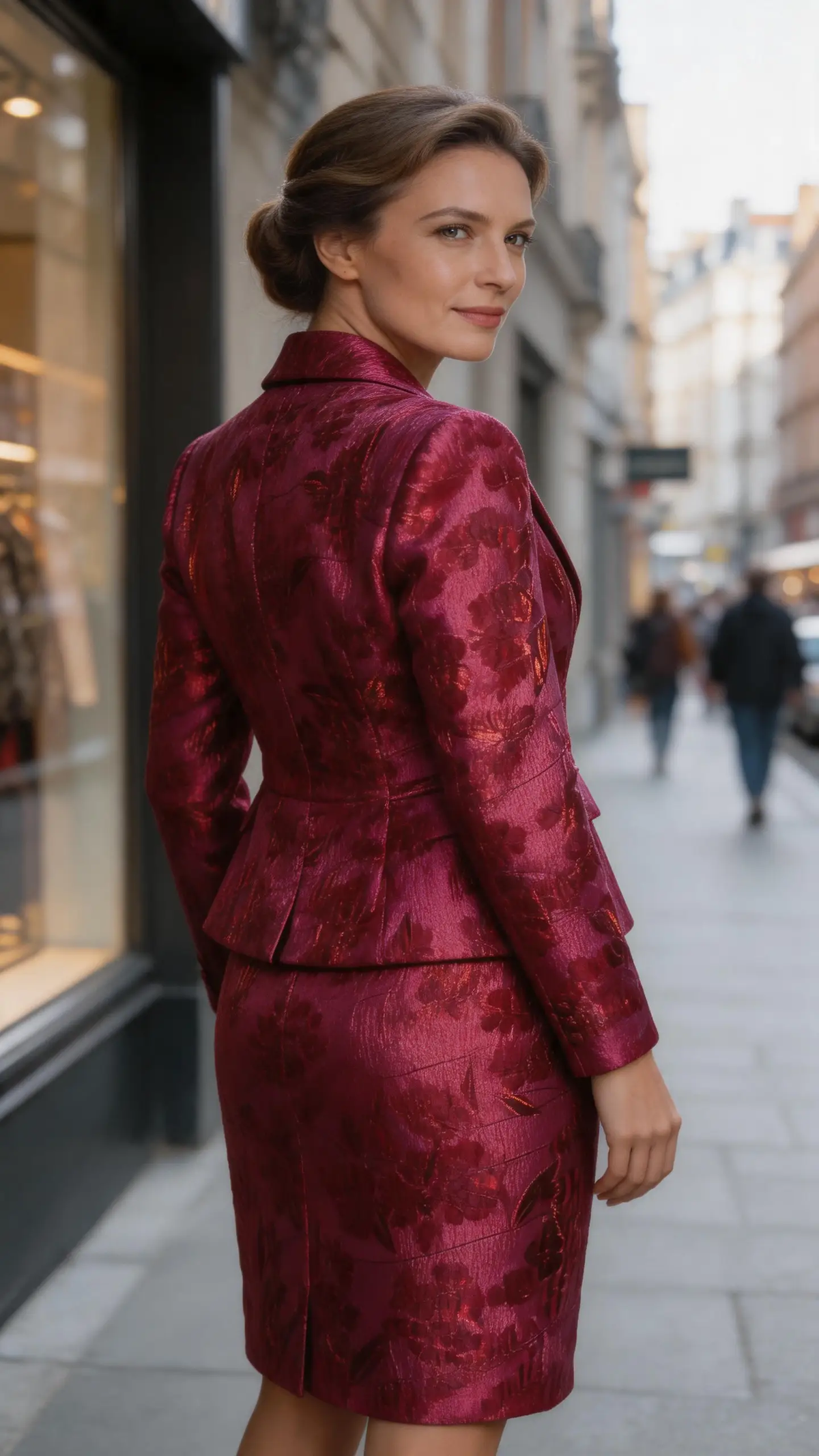 Burgundy Floral Jacquard Skirt Suit   Elegant Two  Piece Blazer & Pencil Skirt Set (ZD16897)