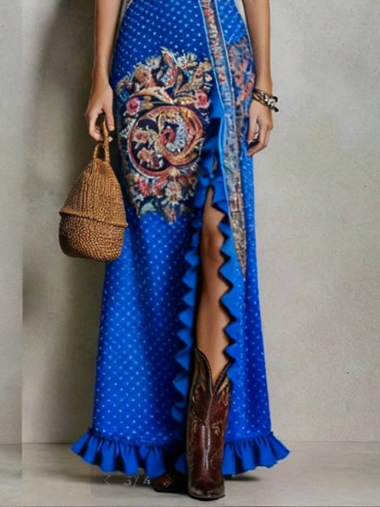 Blue Bohemian Printed Dress with Deep V-Neck and High Slit