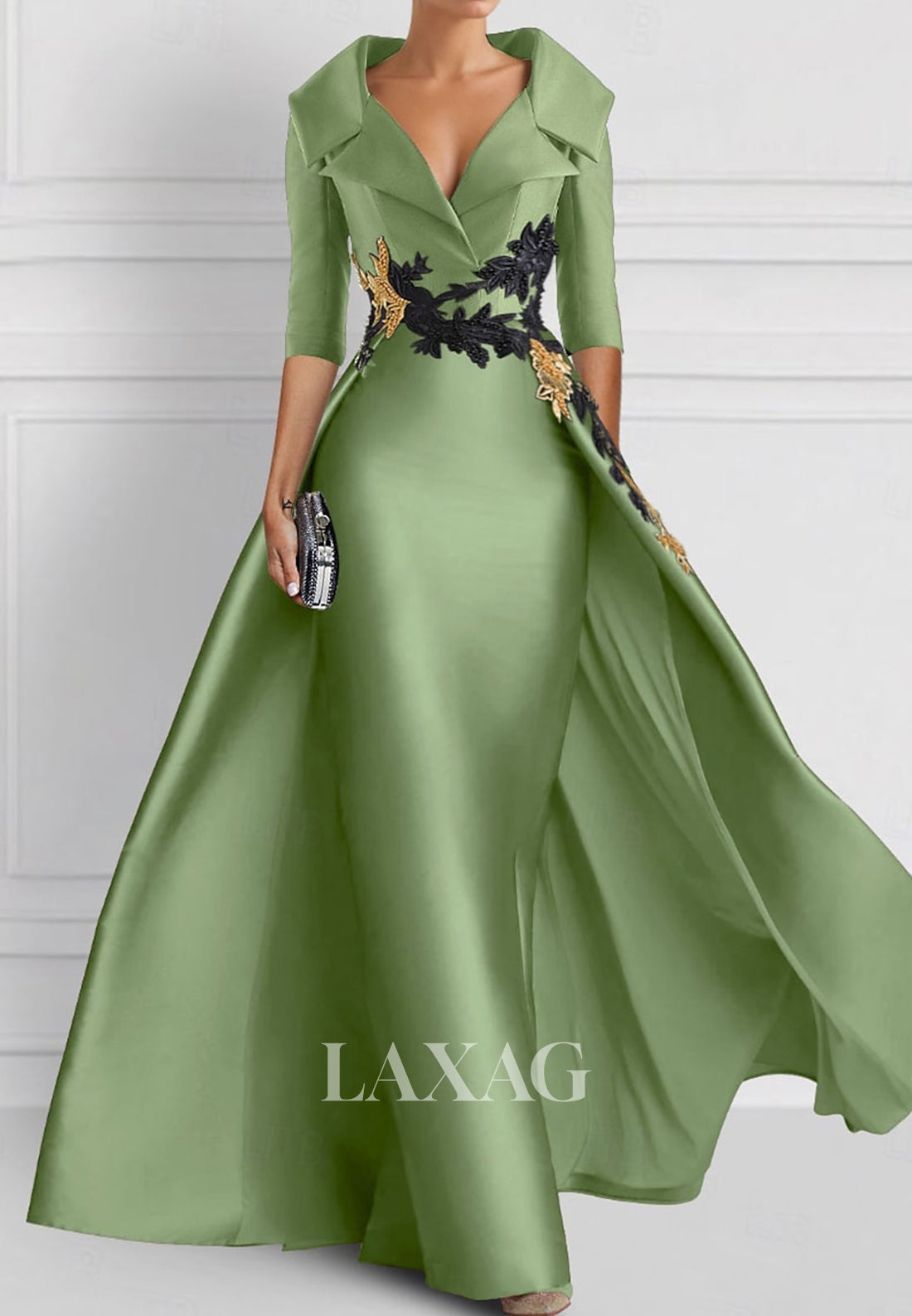 V-Neck Half-Sleeves Embroidered Party Gowns Plated Foor-Length Satin Mermaid Wedding Guest Dress