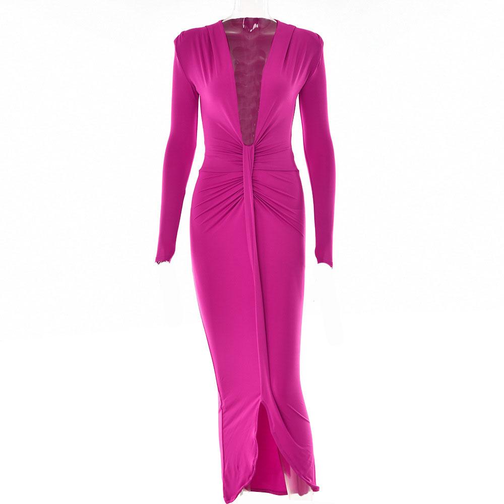 Long sleeve v neck solid ruched slit midi dress
