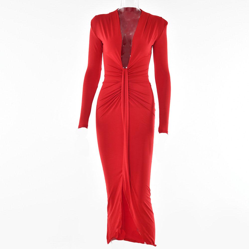 Long sleeve v neck solid ruched slit midi dress