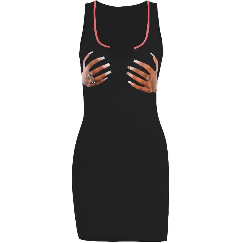 Palm pattern contrast sleeveless notch neck mini dress
