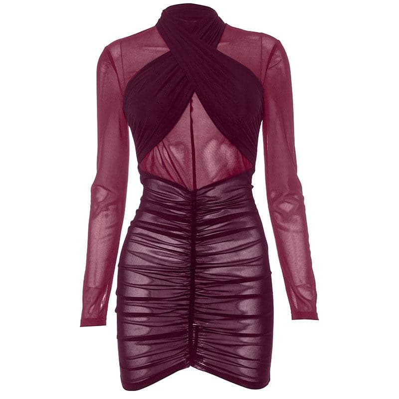 Ruched long sleeve cross front sheer mesh see through mini dress
