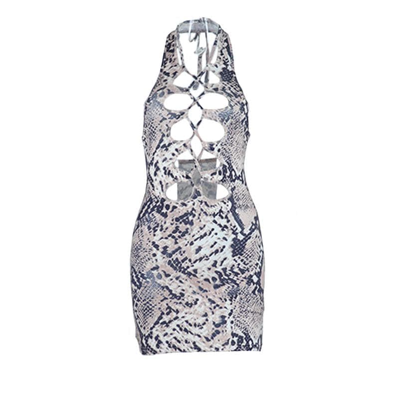 Snakeskin print hollow out self tie backless mini dress