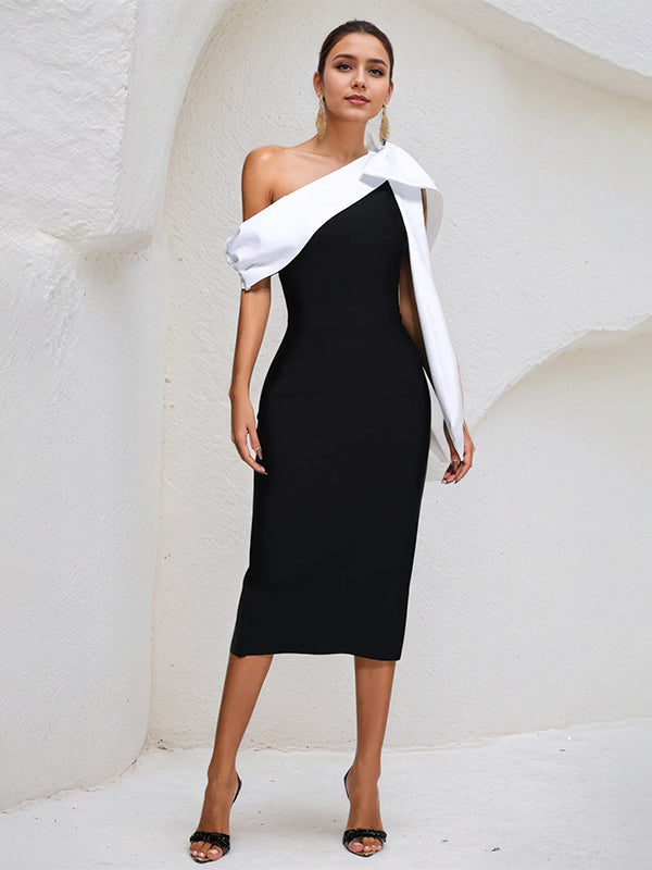 Black Stretch Crepe One Shoulder Sleeveless Tea Length Dress With White Bow