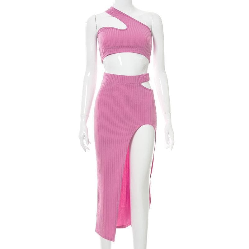 Ribbed solid one shoulder hollow out slit irregular midi dress