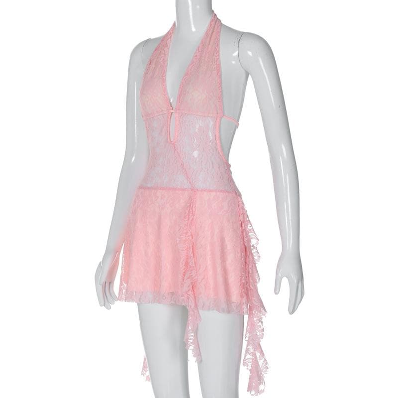 PRE ORDER - Halter v neck backless lace self tie hollow out mini dress