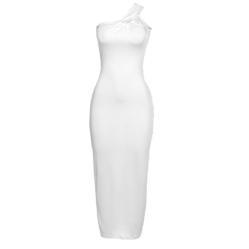 Ruched solid irregular one shoulder backless maxi dress