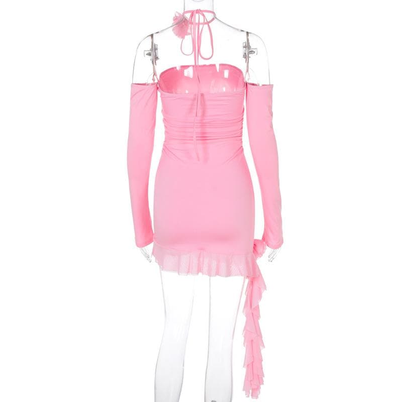 Long sleeve off shoulder flower applique ruffle ruched mini dress