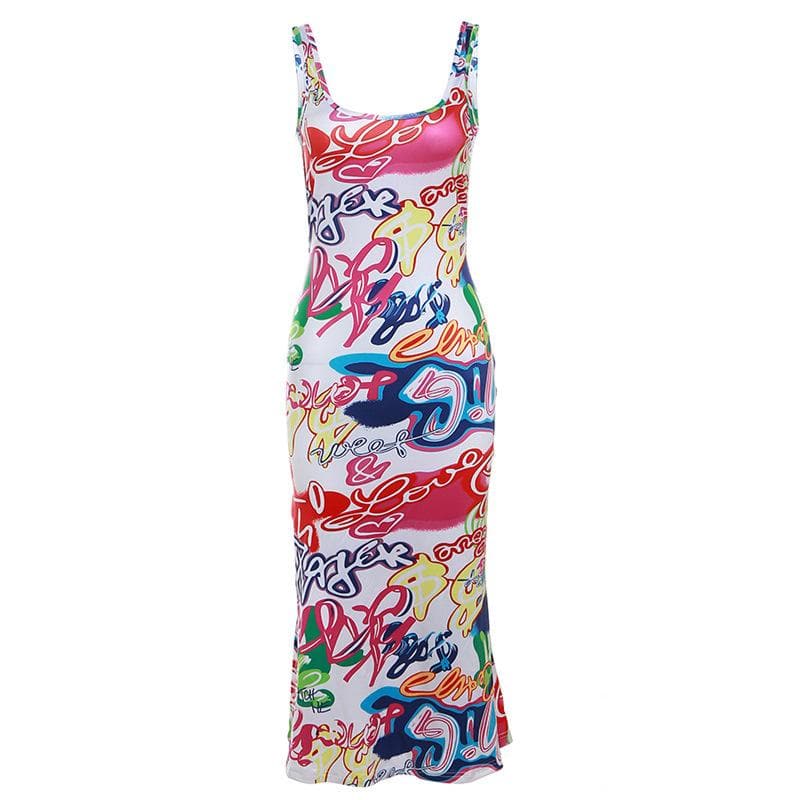 Contrast print square neck sleeveless slit backless midi dress
