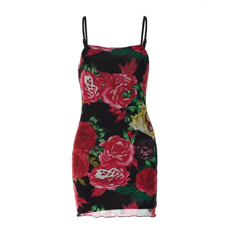 Mesh flower print contrast backless ruffle cami mini dress