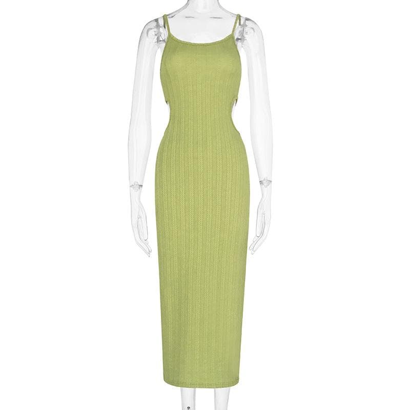 Hollow out textured solid backless cami midi dress