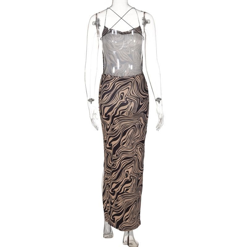 Ripple contrast print cross back slit cowl neck backless midi dress