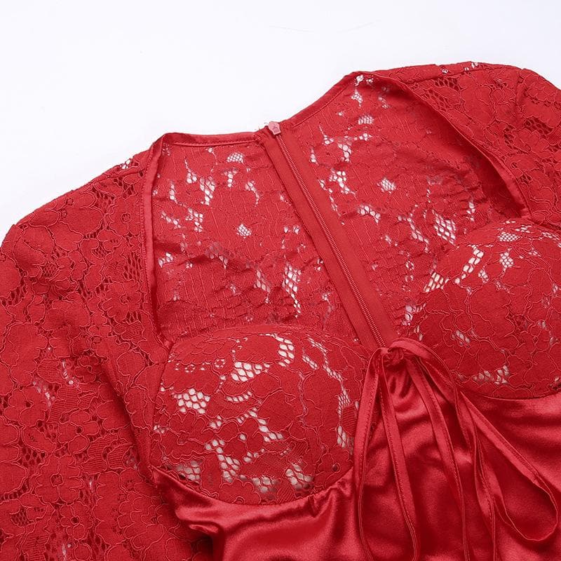 Lace zip-up long sleeve patchwork padded mini dress