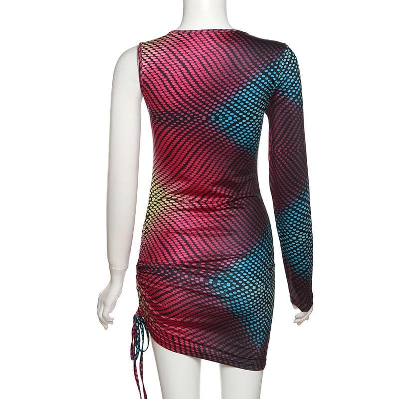 Polka dot contrast one shoulder drawstring irregular mini dress
