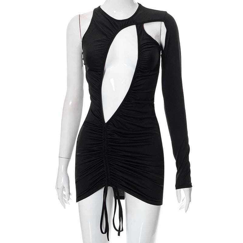 Ruched drawstring irregular solid one shoulder hollow out mini dress