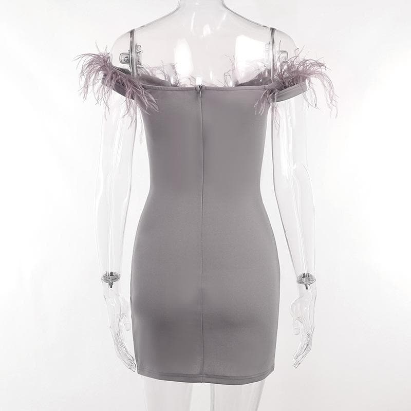 Feather backless zip-up off shoulder corset mini dress