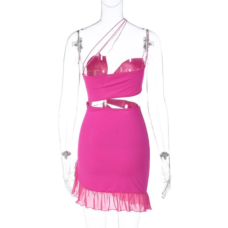 Irregular hollow out ruffle backless one shoulder spaghetti strap mini dress