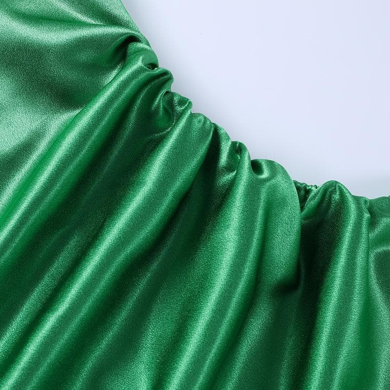 Cowl neck slit satin ruched midi dress