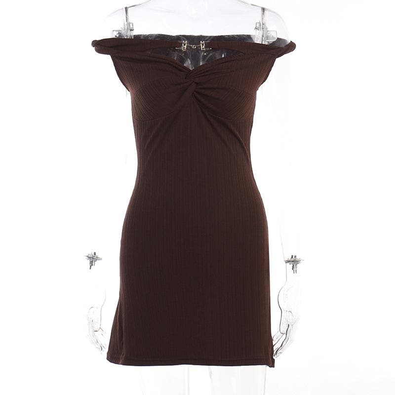 Textured off shoulder metal chain knotted mini dress