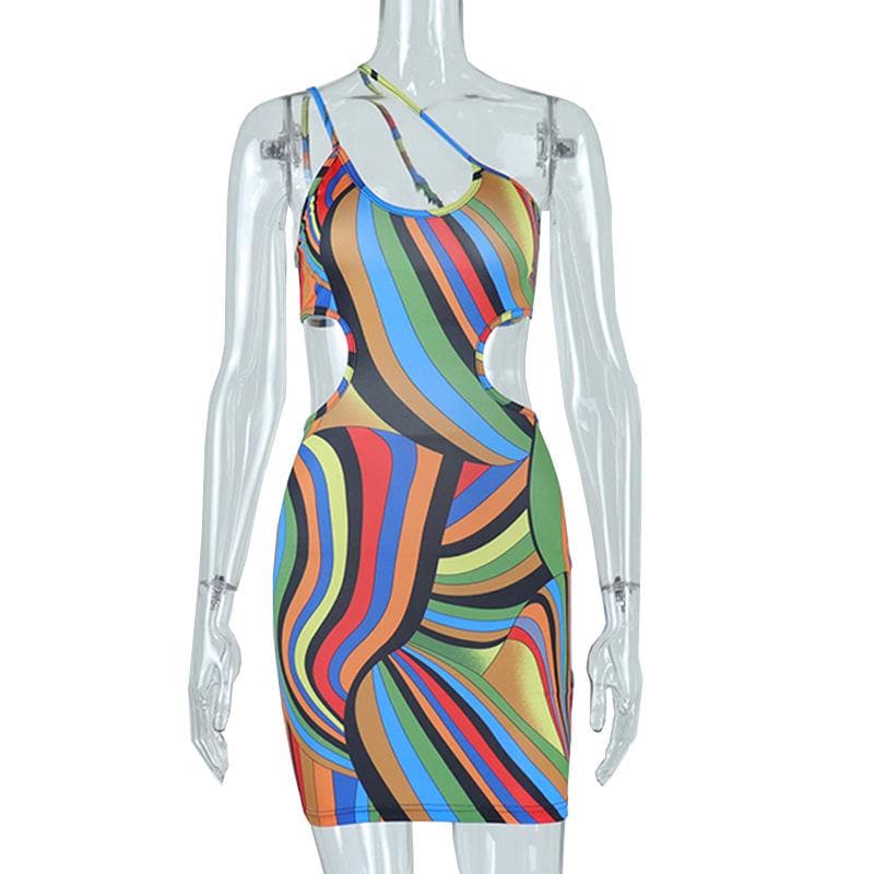 Contrast print irregular hollow out one shoulder mini dress