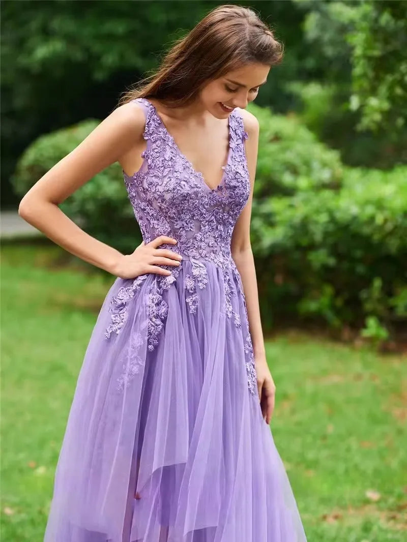 bestidos de gala A Line Lilac Lace Appliqued Evening Dress V Neck Special Occasion Formal Party Long Prom Gowns