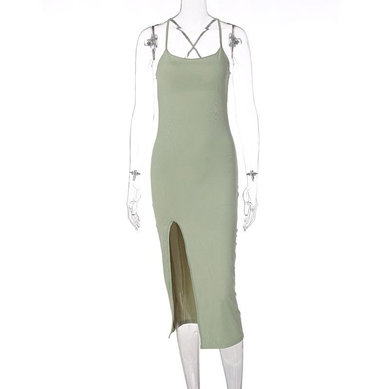 Cross back solid slit backless sleeveless midi dress