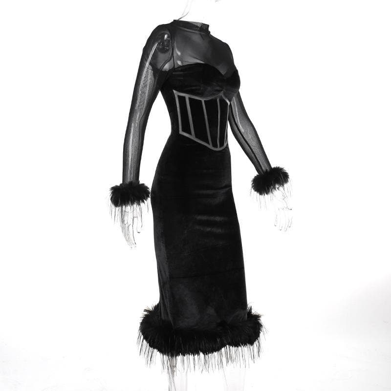 Long sleeve feather velvet mesh patchwork slit high neck midi dress