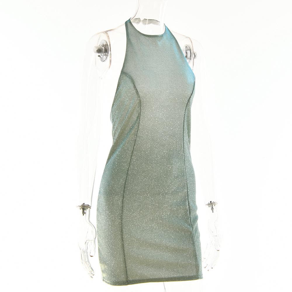 Halter off shoulder backless zip-up solid mini dress