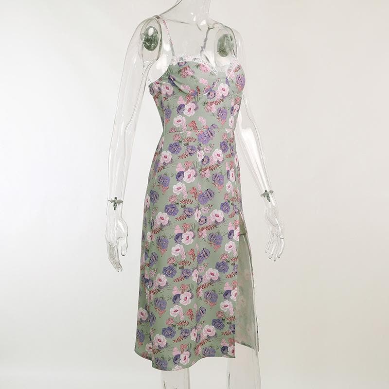 Sleeveless slit lace hem backless flower pattern print cami dress
