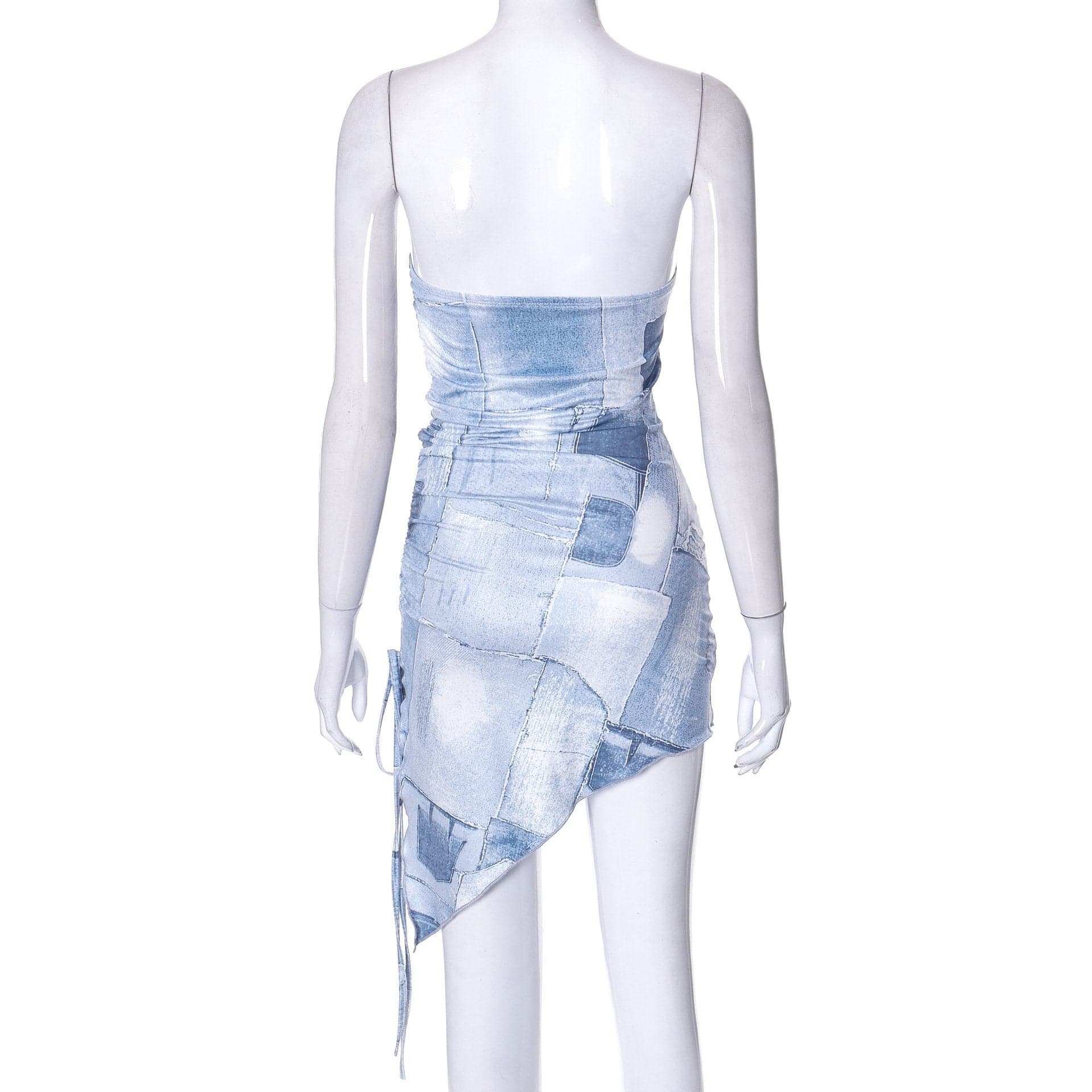 Denim print irregular ruched backless contrast tube mini dress