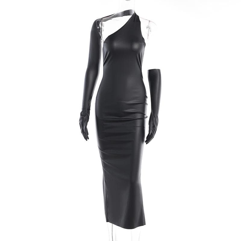Gloves solid PU leather irregular one shoulder slit midi dress