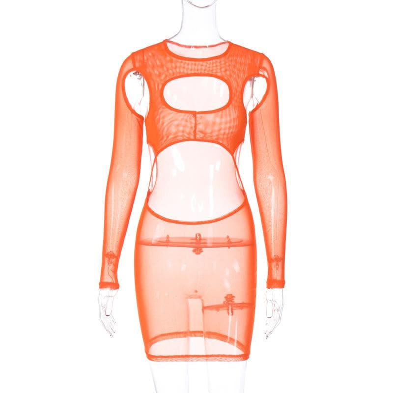 Long sleeve hollow out sheer mesh see through mini dress