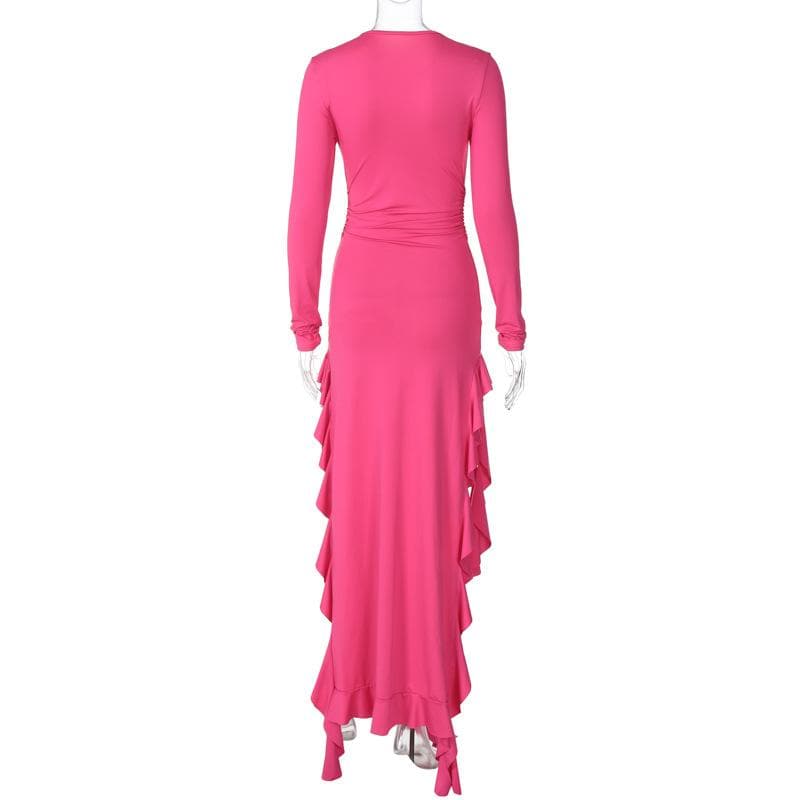 Long sleeve crewneck ruffle slit solid ruched maxi dress