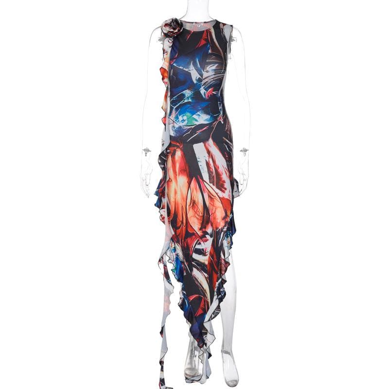 Ribbon sleeveless flower applique contrast print maxi dress