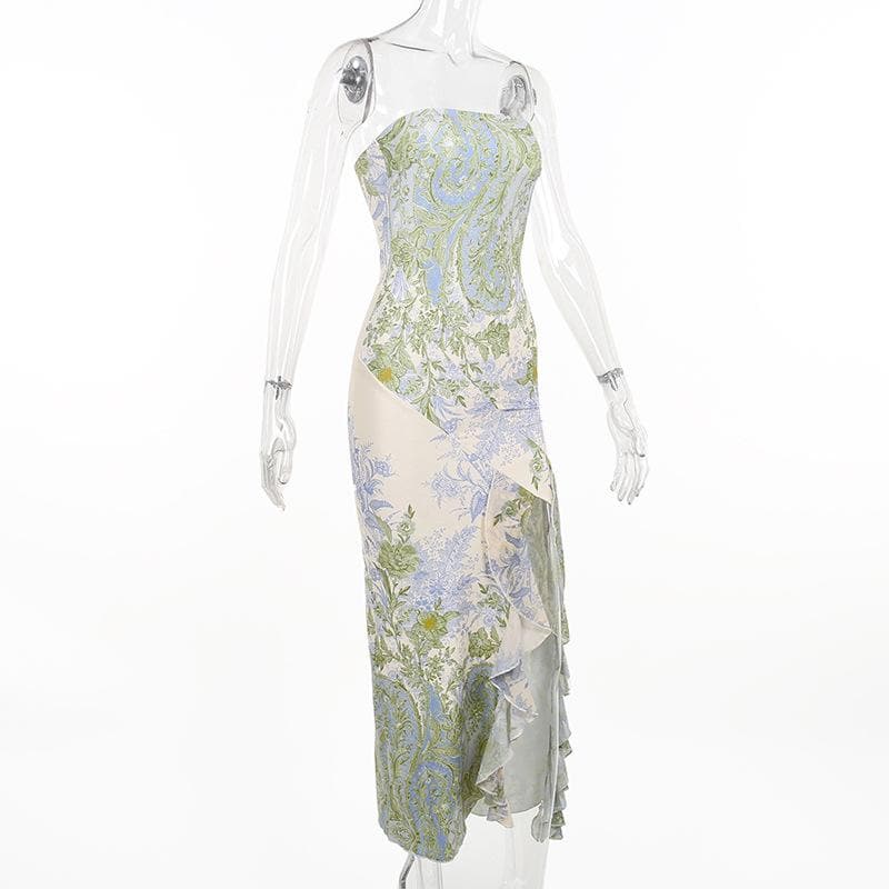 Flower print slit irregular contrast backless maxi dress