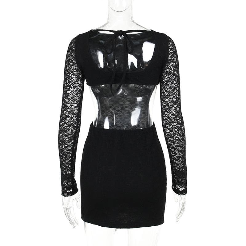 Lace solid long sleeve backless hollow out self tie mini dress
