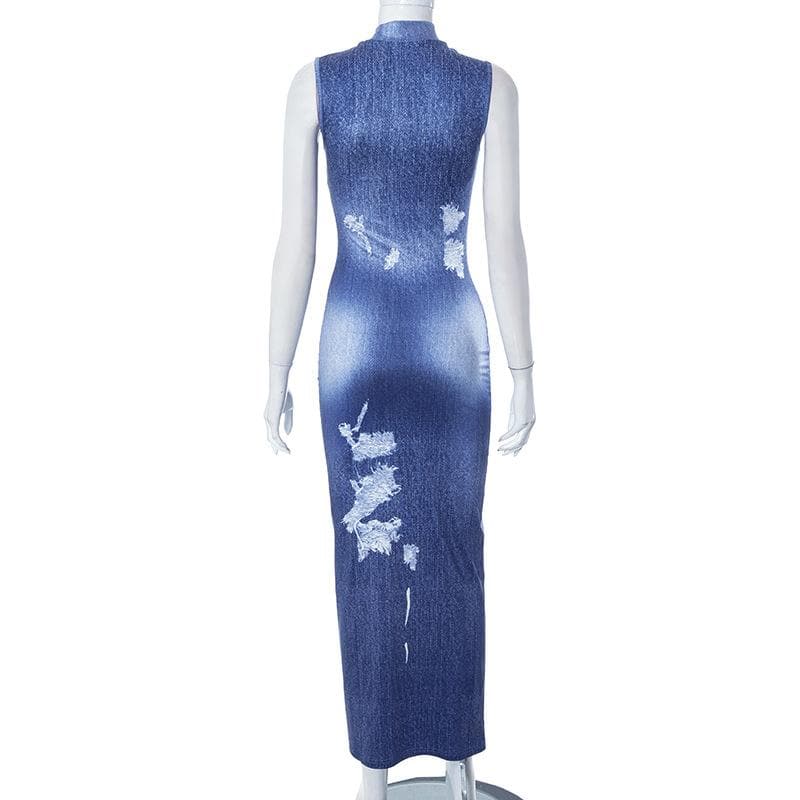 Denim print sleeveless contrast high neck maxi dress