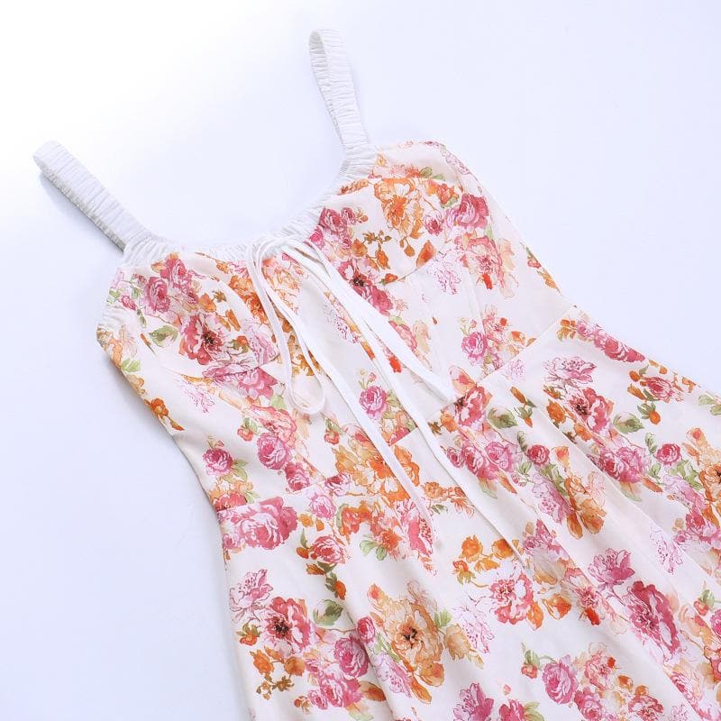 Flower print ruched self tie sleeveless contrast slit zip-up midi dress