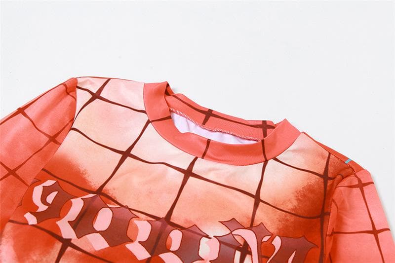 Plaid contrast body print long sleeve crewneck midi dress