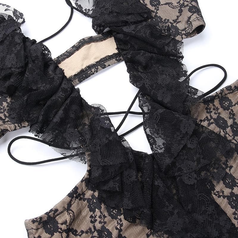 Cross front backless hollow out lace hem contrast mini dress